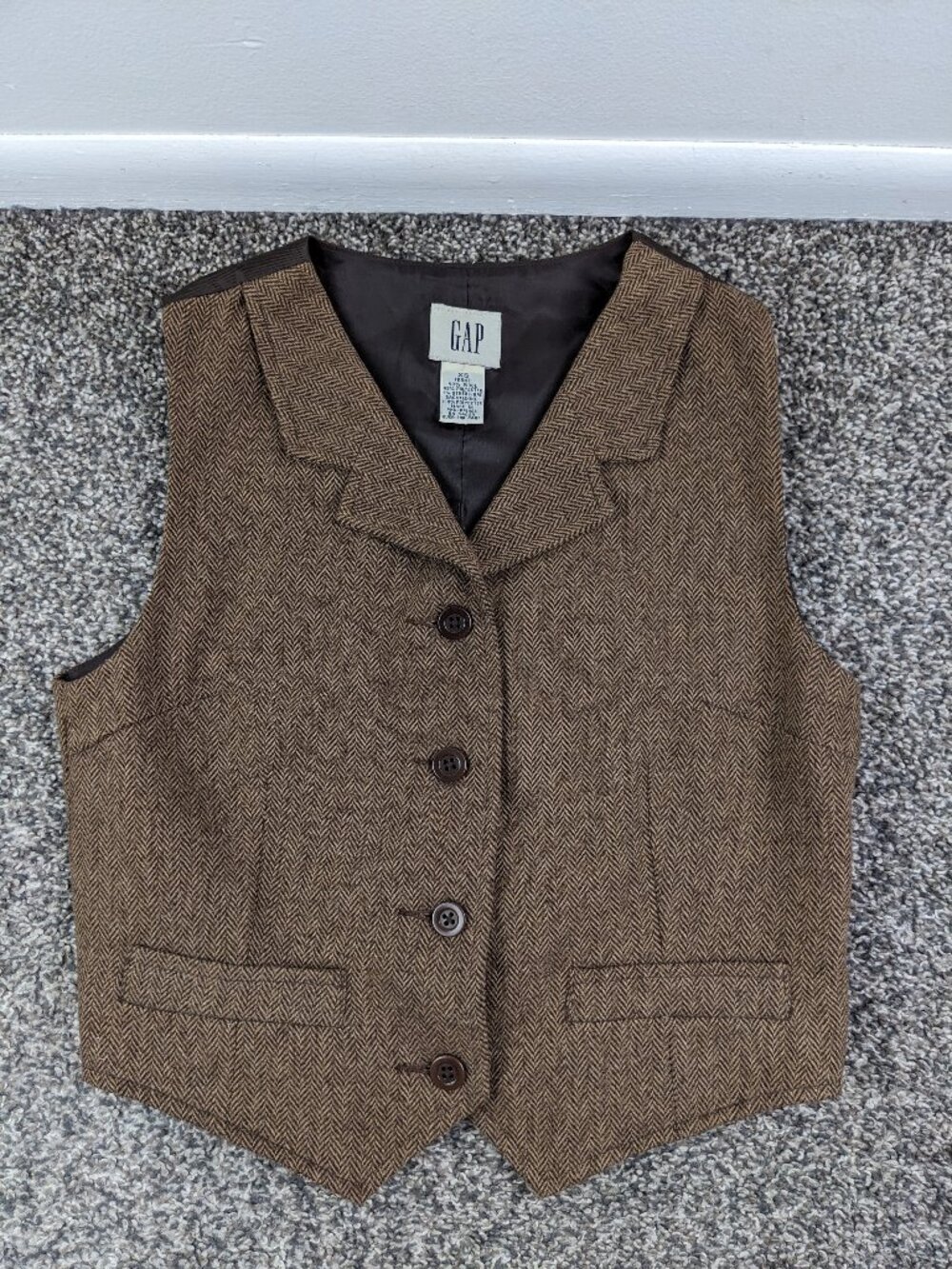 Vintage GAP Vest Waistcoat Tweed Wool Blend Herringbone Brown Womens XS 90s Y2K